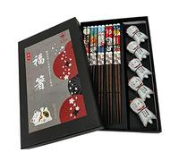 LANHUTHS Wooden Chopsticks Reusable 5 Pairs Gift Set with 5pcs porcelain rest Lucky Cat Design Hand-Made 8.8 Inch/22.5cm
