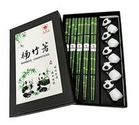 LANHUTHS Wooden Chopsticks Reusable 5 Pairs Gift Set with 5pcs Porcelain Rest Panda and Green Bamboo Design Hand-Made 8.8 Inch/22.5cm