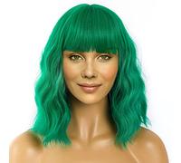 LANICE Short Green Wig with Bangs Natural Green Synthetic Hair Wig Shoulder Length Daily Wear 12 Inch Green