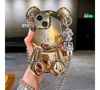 LANJINDENG Compatible with iPhone 15 Plus Case Kawaii 3D Gold Teddy Bear Luxury Design for Women Girls with Cute Silver Metal Chain Strap Bell Pendant Sparkle Bling Protection Cover