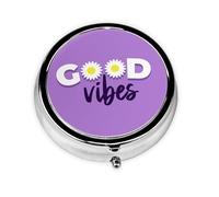 LANJINDENG Metal Pill Organizer - 3-Compartment Mini Round Pill Case for Pocket & Purse, Portable Vitamin Holder, Easy-Open Design for Travel - Good Vibes