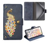 Lankashi Premium Retro Flip Leather Case Protective Bumper Peacock 3D Diamond Bling Case for Fairphone 6 5G 6.31 inch Phone Cover Skin Wallet Blue