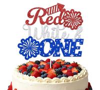 LANKBACK Red White & One Cake Topper One All American Boy Party First Birthday Decorations 4th of July Patriotic 1st Birthday Party Decorations Red Silver & Blue