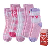 LANLEO Fuzzy Socks for Women Fluffy Slipper Winter Warm Soft Cozy Microfiber Plush Sleeping Heart Socks, 5 Pairs Pink Heart, One size