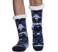 LANLEO Men's Fuzzy Ripple Slipper Socks Super Soft Warm Fleece Lining Knit Non Slip Winter Socks - blue -