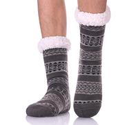LANLEO Men's Fuzzy Ripple Slipper Socks Super Soft Warm Fleece Lining Knit Non Slip Winter Socks - grey -