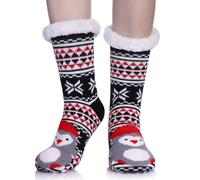 LANLEO Womens Cute Cartoon Animal Fuzzy Slipper Socks Winter Soft Warm Fleece Lining Knit Home Socks With Grippers, Red Snowflake Penguin, One Size