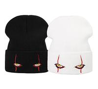 LANLYLGQ Pack of 2 Beanie Winter Hat Pennywise Scary Eyes Hat Unisex Men Women Knitted Hat Embroidery Warm Hat Ski Hat, Black+white, One Size