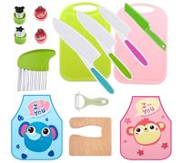 LANMANUO 15 PCS Kids Knife for Chopping Wooden Kitchen Knife Set for Toddler Plastic Children Cooking Knives with Potato Slicer, Cutting Board, Peeler,Fruit Cutters Shapes and Apron