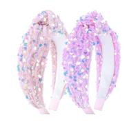 Lanmerry Valentine's Day Sequin Knotted Headbands for Girls Women Fashion Sparkly Pink and Purple HairBands Accessories for Kids Wide Velvet Hair Bands Cute Glitter Hair Hoop for Adult 2Pcs