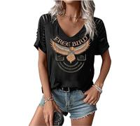 LANMERTREE Cut Out V Neck T Shirts Nashville Outfits for Women Casual Loose Shirt Country Music Graphic Tee Shirts, Black2, S