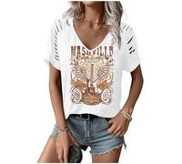 LANMERTREE Cut Out V Neck T Shirts Nashville Outfits for Women Casual Loose Shirt Country Music Graphic Tee Shirts, A-white, M