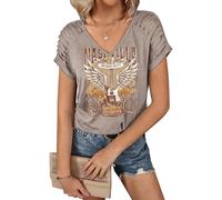 LANMERTREE Cut Out V Neck T Shirts Nashville Outfits for Women Casual Loose Shirt Country Music Graphic Tee Shirts, Beige Gray, L