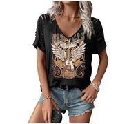 LANMERTREE Cut Out V Neck T Shirts Nashville Outfits for Women Casual Loose Shirt Country Music Graphic Tee Shirts, Black, L