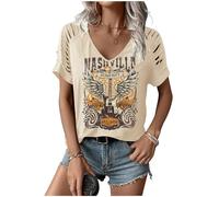 LANMERTREE Cut Out V Neck T Shirts Nashville Outfits for Women Casual Loose Shirt Country Music Graphic Tee Shirts, Beige, S