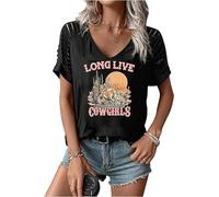 LANMERTREE Cut Out V Neck T Shirts Nashville Outfits for Women Casual Loose Shirt Country Music Graphic Tee Shirts, Black Cowgirls, XL
