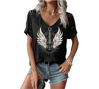 LANMERTREE Cut Out V Neck T Shirts Nashville Outfits for Women Casual Loose Shirt Country Music Graphic Tee Shirts, Black Guitar, S