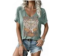 LANMERTREE Cut Out V Neck T Shirts Nashville Outfits for Women Casual Loose Shirt Country Music Graphic Tee Shirts, B-green, S