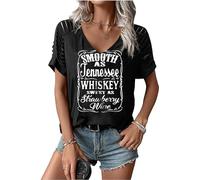LANMERTREE Cut Out V Neck T Shirts Nashville Outfits for Women Casual Loose Shirt Country Music Graphic Tee Shirts, Black Tennessee, M