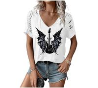 LANMERTREE Cut Out V Neck T Shirts Nashville Outfits for Women Casual Loose Shirt Country Music Graphic Tee Shirts, White Guitar, M