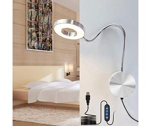 LANMOU 5W Wall Lamp Indoor Dimmable LED Reading Lamp Gooseneck Flexible Bedside Lamps with Switch, Modern Minimalist Wall Sconce with 3 Colour Temperatures, USB Socket,Silver