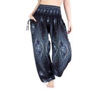 Lannaclothesdesign Women's Smocked Waist Boho Flowy Yoga Harem Pants Hippie Clothes, Black Bright Flower Eye, Large