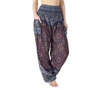 Lannaclothesdesign Women's Smocked Waist Boho Flowy Yoga Harem Pants Hippie Clothes, Dark Blue Mono Mandala, Large