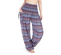 Lannaclothesdesign Women's Smocked Waist Paisley Print Rayon Yoga Harem Pants - Purple - Medium