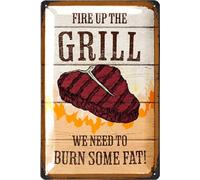 LANOLU Vintage Tin Sign Funny BBQ Metal Decor for Outdoor - FIRE UP THE GRILL -Patio, and Deck, Smoker and Grill Theme, Vintage BBQ Restaurant & Bar Signage, 12x8"