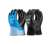 LANON Waterproof Gardening Gloves, Safety Work Gloves with Double Latex Coated, for Car Washing Fish Cleaning, Antislip, Elastic Cuff, Black & Blue, 2 Pairs, Large