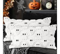Lanpn 12x20 Halloween Ghost Cushion Cover Set of 2, Cute Two Eyed Ghost Throw Pillow Cases Soft Plush 30 x 50 cm Throw Pillow Covers for Indoor Home Bedroom Couch Sofa Decor (Style A, White)