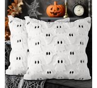 Lanpn 16x16 Halloween Ghost Cushion Cover Set of 2, Cute Two Eyed Ghost Throw Pillow Cases Soft Plush 40 x 40 cm Throw Pillow Covers for Indoor Home Bedroom Couch Sofa Decor (Style A, White)