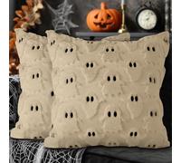 Lanpn 16x16 Halloween Ghost Cushion Cover Set of 2, Cute Two Eyed Ghost Throw Pillow Cases Soft Plush 40 x 40 cm Throw Pillow Covers for Indoor Home Bedroom Couch Sofa Decor (Style A, Beige)