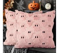 Lanpn 18x18 Halloween Ghost Cushion Cover Set of 2, Cute Two Eyed Ghost Throw Pillow Cases Soft Plush 45 x 45 cm Throw Pillow Covers for Indoor Home Bedroom Couch Sofa Decor (Style A, Pink)