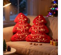 Lanpn 2 Pcs LED Christmas Tree Throw Pillows, Light Up Xmas Pillow Decor for Indoor Home Sofa Couch Chair Living Room Bedroom Christmas Decorations (Red-2)