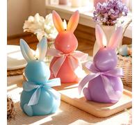Lanpn 3 Pcs Easter Bunny Flameless Candles, Battery Operated Led Candle Light with Remote, Real Wax Rabbit Shaped Candle Gift, 3D Flickering Flame, Easter Party Spring Home Decor, Pastel, 10x18.5 cm