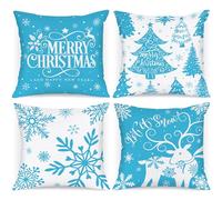 Lanpn 40x40 cm Christmas Cushion Covers Set of 4, Cartoon Deer Snowflake Decorative Holiday Pillow Case Pillowcase Cushion 16x16 for Indoor Home Sofa Couch Winter Decor (Light Blue)