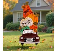Lanpn 76 cm Autumn Garden Stakes Decorative, 3 Stacked Pumpkin Truck Waterproof Metal Yard Signs for Home Lawn Patio Porch Fall Thanksgiving Harvest Season Outdoor Decor 29x76cm