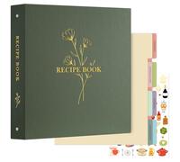 Lanpn A4 Recipe Binder Kit, Green, 116 Pages, 30 x 32 cm, 3 Ring, Waterproof, 60 Sleeves, 8 Dividers, Labels, Stickers, Blank Recipe Journal
