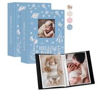Lanpn Baby Photo Album 6x4 100 Pockets 2 Packs, Mini Linen DIY Window Photo Book Newborn Bebe Album Memory Book Sets, Holds Top Loader Pictures 10x15cm, Gift for Kids Boy Girl Baby Shower, Blue