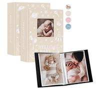 Lanpn Baby Photo Album 6x4 100 Pockets 2 Packs, Mini Linen DIY Window Photo Book Newborn Bebe Album Memory Book Sets, Holds Top Loader Pictures 10x15cm, Gift for Kids Boy Girl Baby Shower, Beige