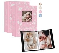 Lanpn Baby Photo Album 6x4 100 Pockets 2 Packs, Mini Linen DIY Window Photo Book Newborn Bebe Album Memory Book Sets, Holds Top Loader Pictures 10x15cm, Gift for Kids Boy Girl Baby Shower, Pink
