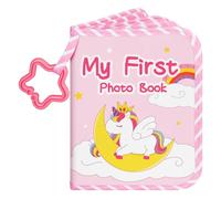 Lanpn Baby Photo Album Holds 17 4x6 Pictures, My First Soft Cloth Family Photo Book with Name Card & Name Tag Stickers, Fabric Newborn Memory Keepsake Gift for Baby Shower Toddler Kid Girl (Unicorn)