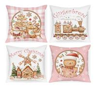 Lanpn Christmas Throw Pillow Covers 18x18 Set of 4, Gingerbread Man House Pillow Covers Christmas Pillowcase Decorative Cushion Cover for Home Bedroom Couch Sofa Decor 45x45cm (Pink)