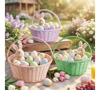 Lanpn Easter Basket Trio Set Handmade Rattan Woven Load-Bearing Baskets in Large Medium Small Macaron Pink Green Purple Ideal for Children Egg Hunts Sweets Gifts Picnic Use Spring Décor