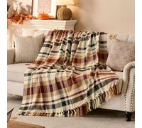 Lanpn Fall Plaid Throw Blanket, Cozy Checked Blankets for Couch Sofa Bed, Decorative Acrylic Fall Throws with Fringe, Travel Cashmere Like Shawl, Autumn Thanksgiving Home Decor Gift, 130x150, Brown