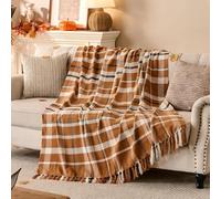 Lanpn Fall Plaid Throw Blanket, Cozy Soft Checked Blankets for Couch Sofa Bed, Decorative Acrylic Throws with Fringe, Picnic Cashmere Like Shawl, Autumn Thanksgiving Home Decor Gift, 130x150, Khaki