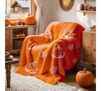 Lanpn Fall Pumpkin Throw Blanket, 410GSM Cozy Pumpkins Blankets for Sofa Couch, Soft Reversible Throws, Autumn Orange Knit Blanket, Farmhouse Chair Bed Home Dorm Thanksgiving Decor, 130x150