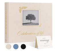 Lanpn Funeral Guest Book for Memorial Service, Linen Celebration of Life Registry Guest Book with Open Window, Memory Book for Funeral with Table Sign, Funeral Favors Sign in Books for Guests, Beige
