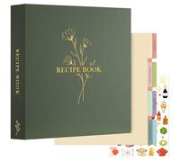 Lanpn Recipe Binder Kit, Green, 116 Pages, 30 x 32 cm, 3 Ring, Waterproof, 60 Sleeves, 8 Dividers, Labels, Stickers, Blank Recipe Journal
